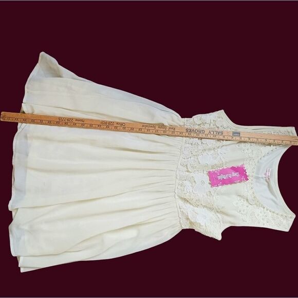 VINTAGE Mini Dress Chiffon Lace Pearls Ivory Bridal or Cocktail Party Size Large - Picture 8 of 15